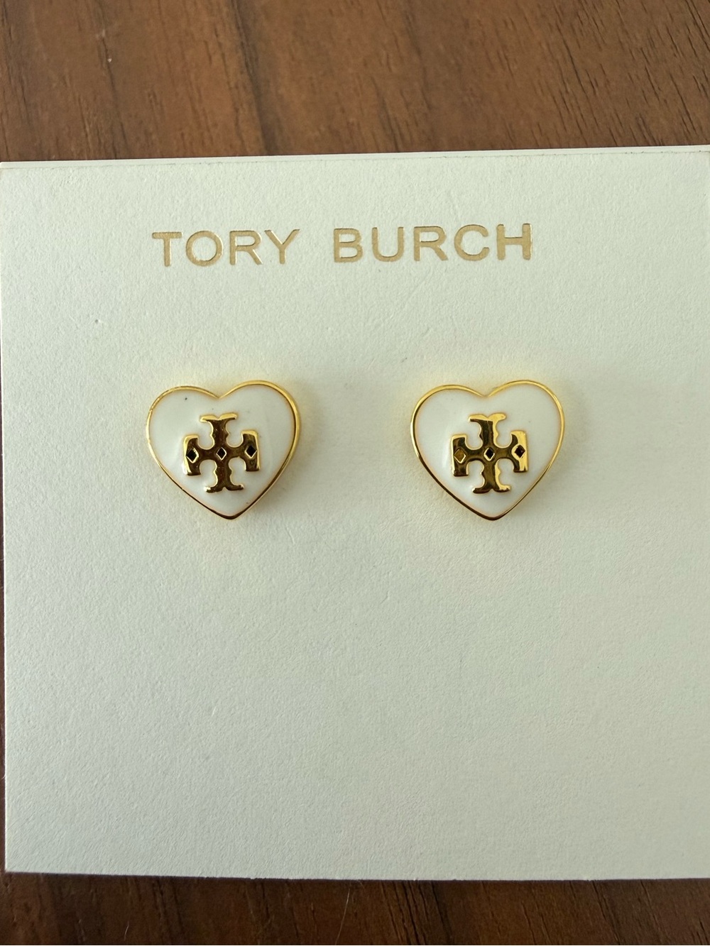 Tory Burch White and Gold Heart Logo Stud Earrings